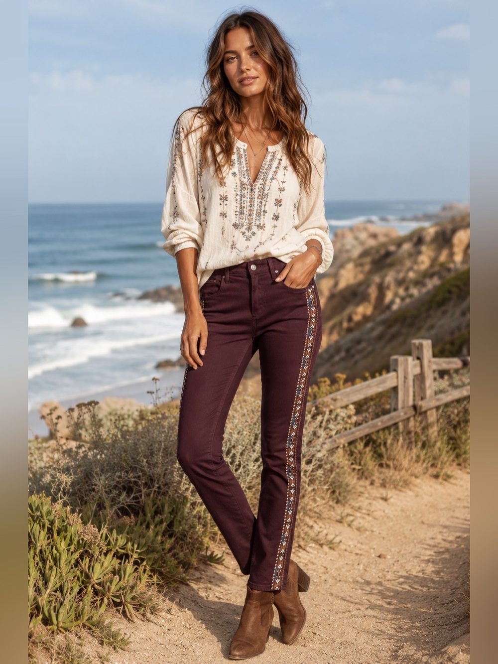 Driftwood Jackie Embroidered Jeans Burgundy‎